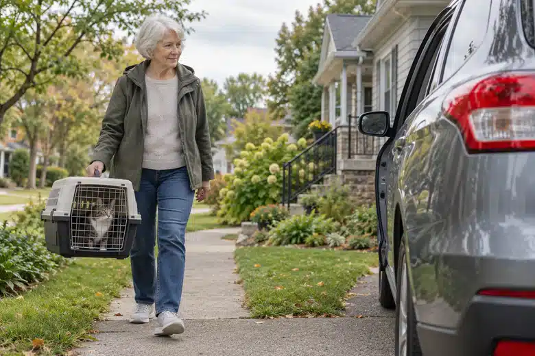 Senior woman carrying a secured cat carrier towards a car on a residential path