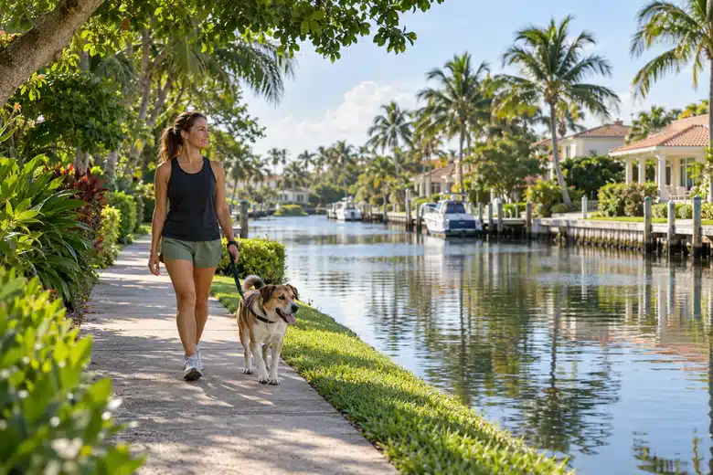 Dog walking along a shaded South Florida canal neighborhood