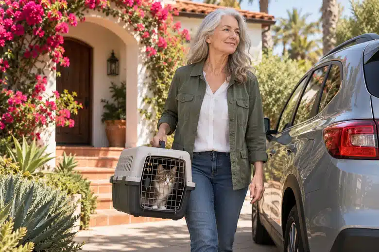 Woman carrying a cat carrier beside a car outside a bougainvillea-covered home