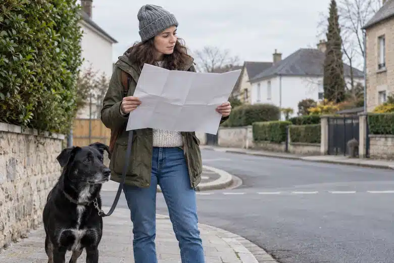 Woman holding a folded sheet beside a black dog on a residential street