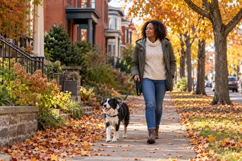 Woman walking a dog along an autumn residential street