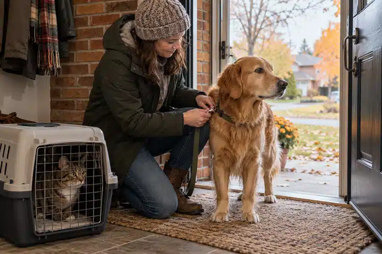 A retriever is fitted with its leash near a cat carrier at a brick entryway
