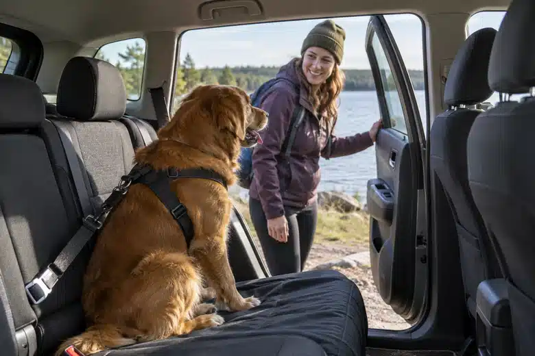 A dog prepared for car travel illustrates the distinction between residence and treatment location