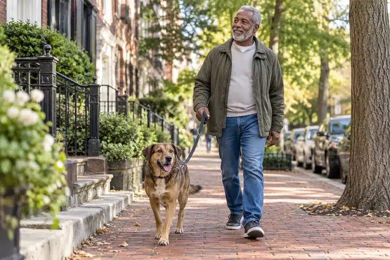 Illustrative scene: owner walking a dog on a residential sidewalk