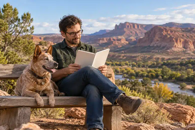 Man reading a booklet beside a red heeler with desert foothills in the background