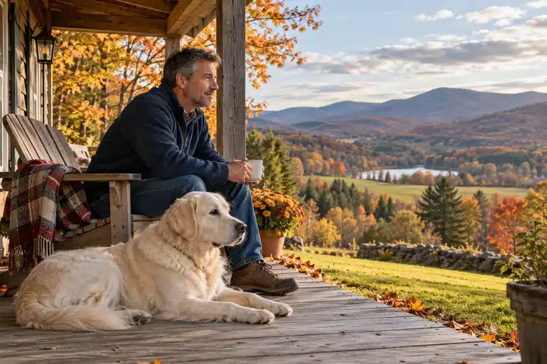 Man and cream-colored dog on a rural porch with autumn woodland beyond