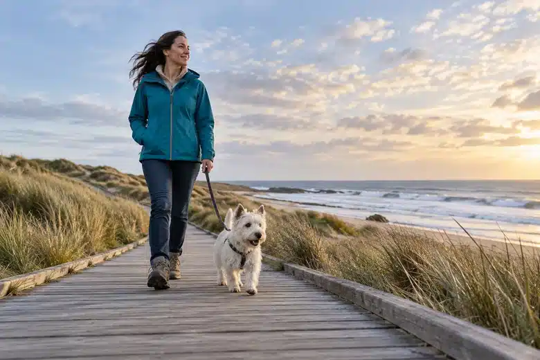 Woman walking a white terrier on a coastal boardwalk