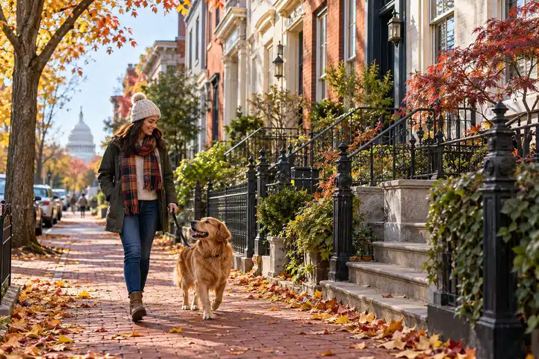 Owner walking a dog along a leafy Washington DC residential rowhouse street