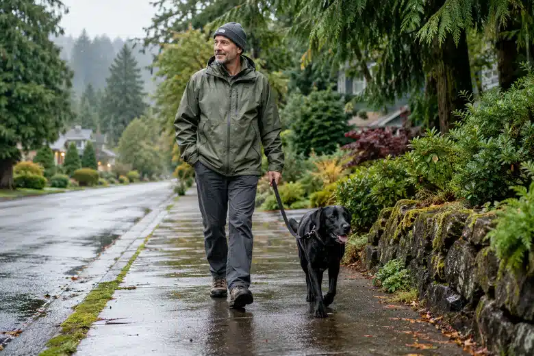 Man in a raincoat walking a black Labrador on a damp evergreen-lined sidewalk