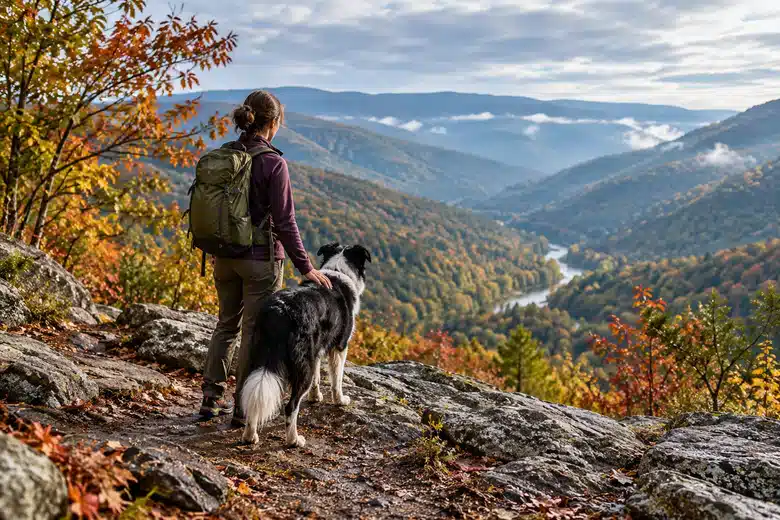 Owner and dog overlooking a generic Appalachian landscape with no claimed named landmark