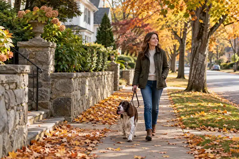 Spaniel and owner walk along a leafy suburban sidewalk.