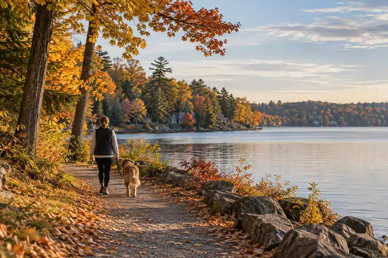 Owner and dog walking along an autumn lakeside path