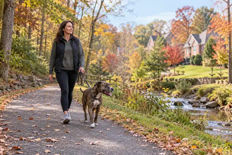 Owner and brindle dog on an illustrative wooded Virginia suburban trail