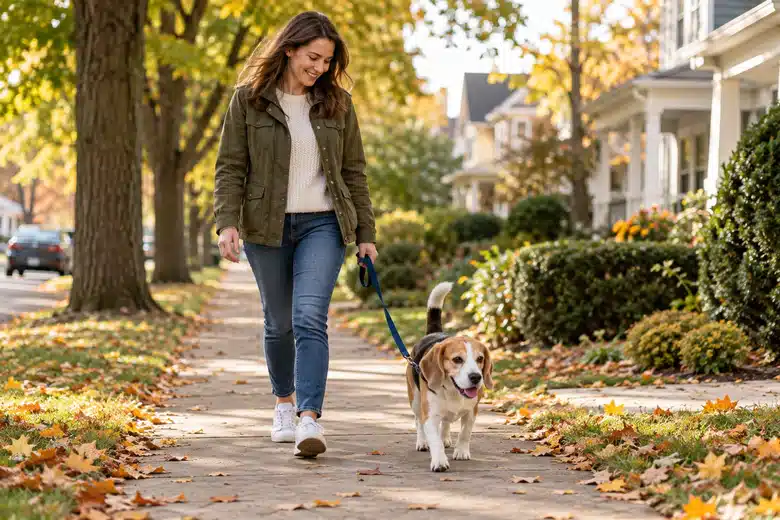Owner walking beagle along generic Midwestern residential sidewalk