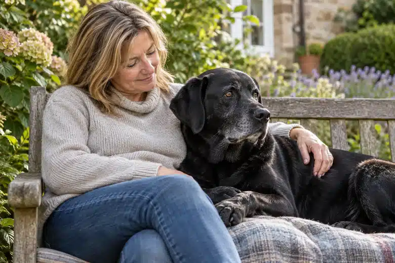 Nine-year-old black Labrador with grey muzzle beside an owner on a garden bench