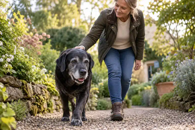 Older black Labrador with a grey muzzle walking with a woman along a garden path