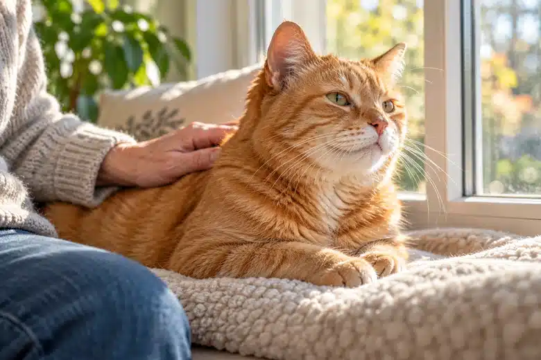 Older ginger cat enjoying sunlight on a padded home windowsill