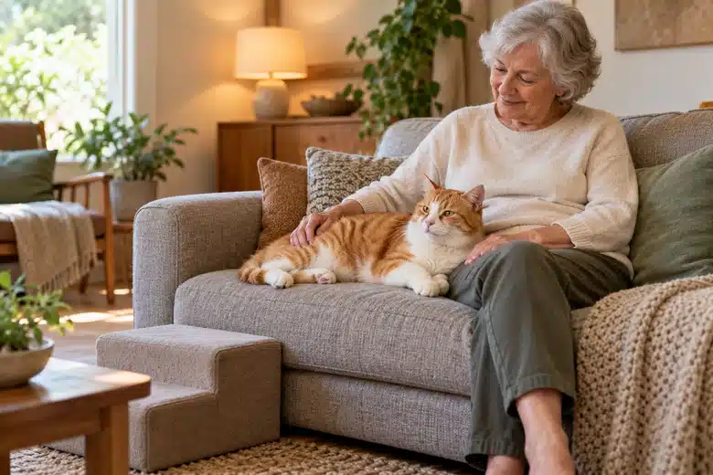 Older orange-and-white cat resting beside an elderly woman
