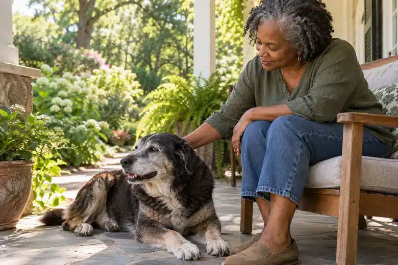 Older grey-muzzled dog resting beside a woman on a sunny porch
