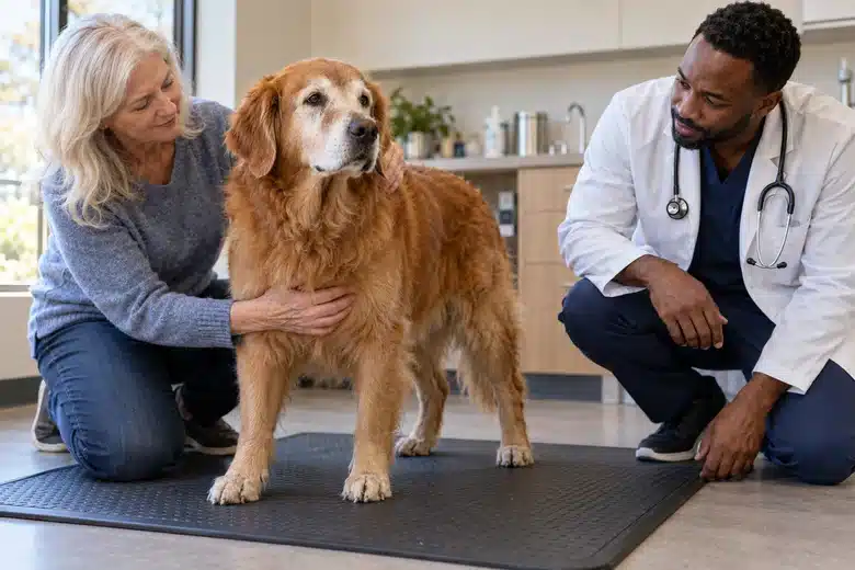 Older golden retriever with an owner and veterinarian on a non-slip mat