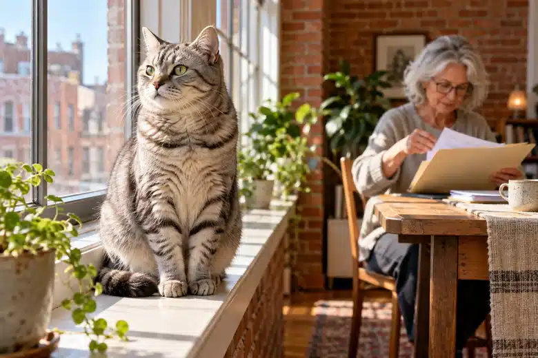 Senior tabby by a sunlit window while an owner organizes a plain record folder