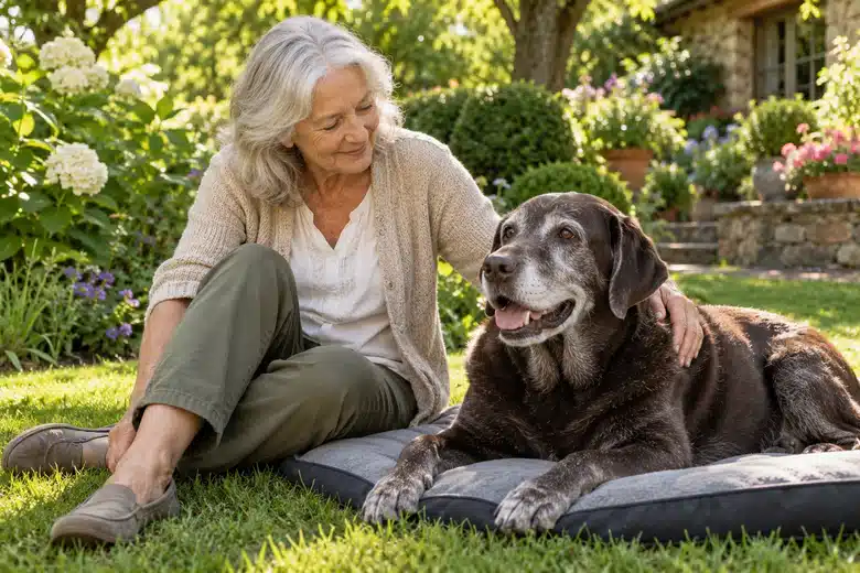 Older owner beside a gray-muzzled Labrador resting in a garden