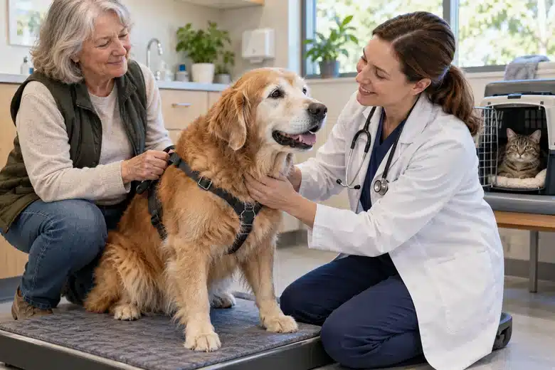 Veterinarian assessing an older dog beside its owner and a cat carrier