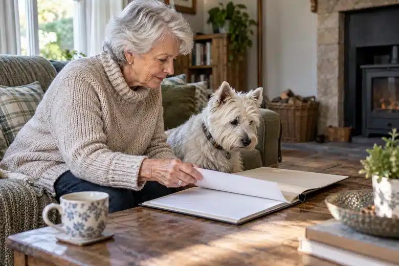 Older terrier beside an owner reviewing a folder