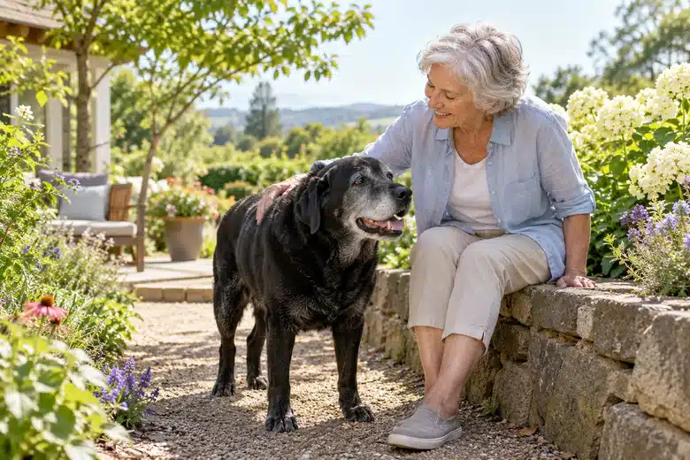 Senior black Labrador beside an older owner in a garden