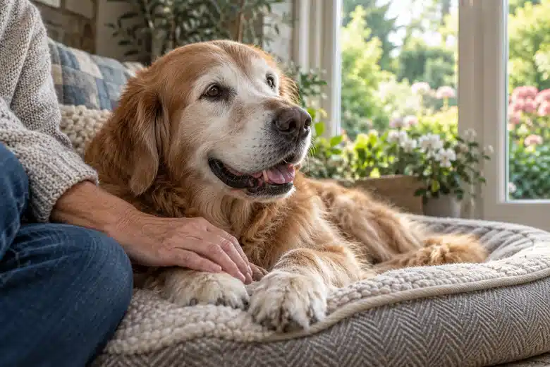 Silver-muzzled golden retriever by a garden window