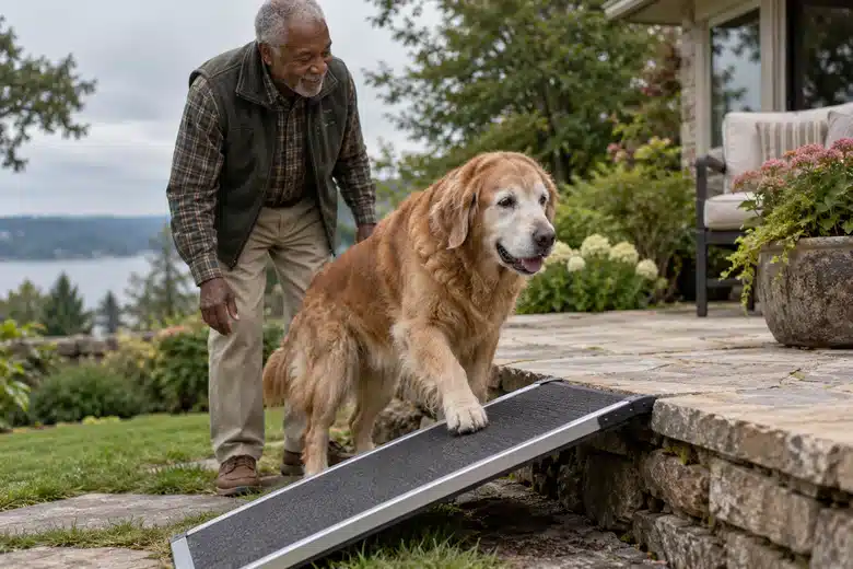 A gray-muzzled golden retriever uses a shallow patio ramp with an older man nearby