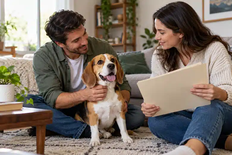 Illustrative scene: two owners and one beagle at home