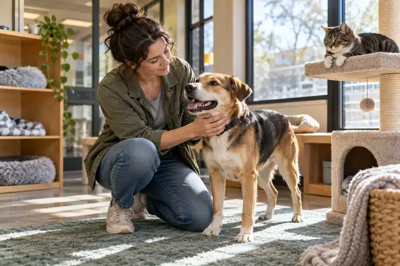 Visitor meets a dog and a cat in an adoption lounge.