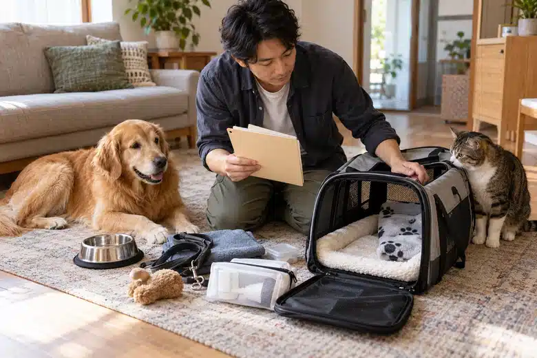 Owner preparing a carrier beside a dog and cat at home