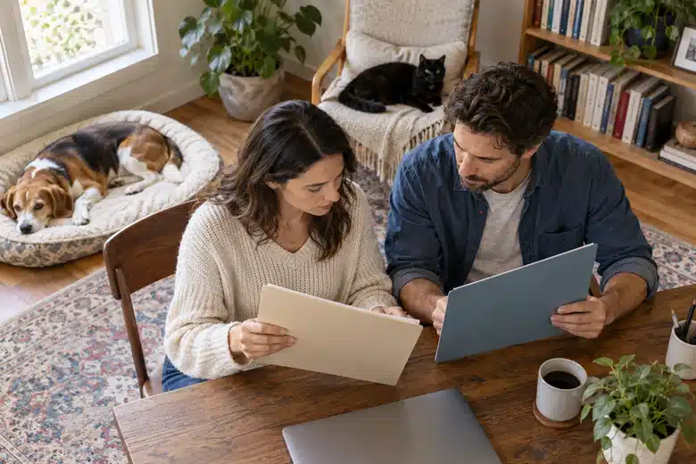 Household comparing documents with a cat and dog nearby