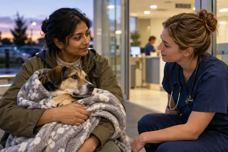 Woman holding a comfortable dog while speaking to an emergency veterinary nurse