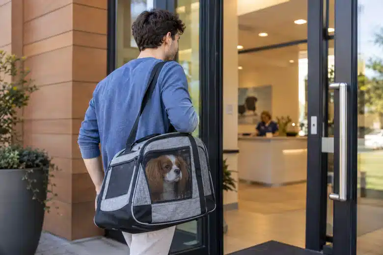 Owner arriving at a veterinary clinic with a small dog in a carrier