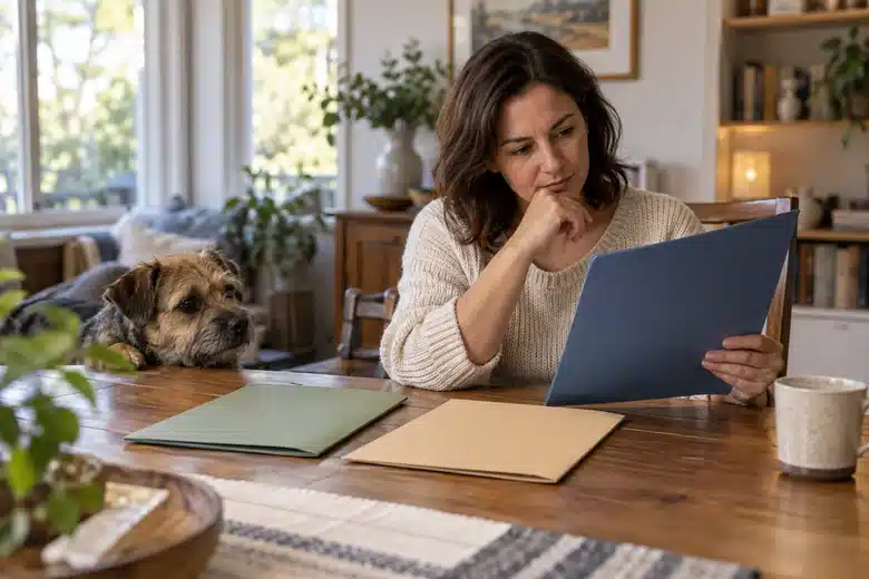 Owner comparing unbranded policy folders with a terrier nearby