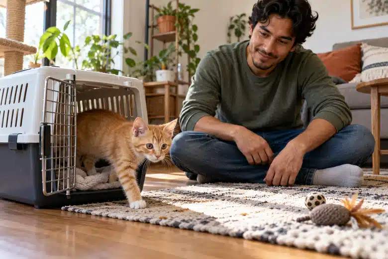 Kitten emerging from a carrier in a home