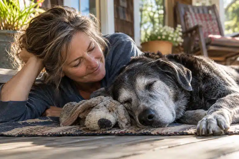 Senior dog resting with its owner on a sunlit porch