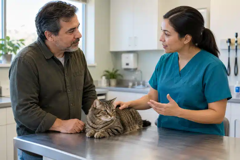 Pet owner speaking with a veterinarian beside a calm tabby cat