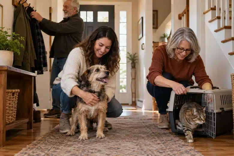 Family settling a dog and cat at home after a veterinary visit