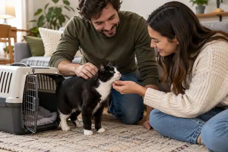 Adult couple welcoming a tuxedo cat beside an open carrier