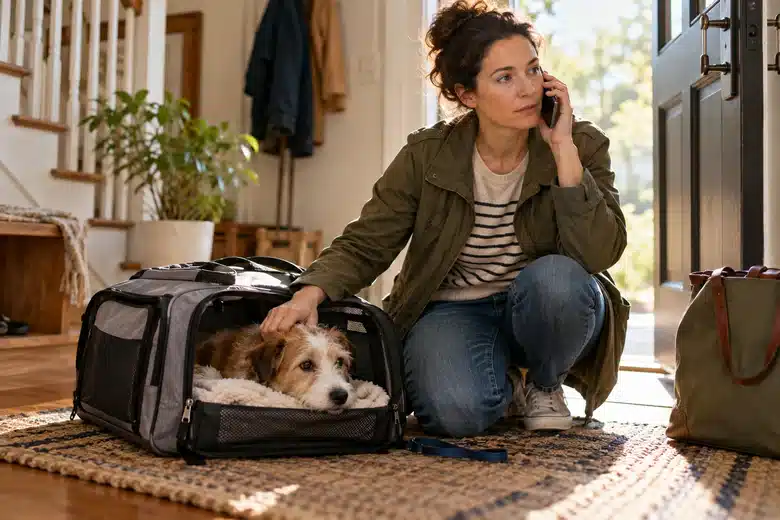 Owner calmly telephoning a clinic beside a terrier in a carrier
