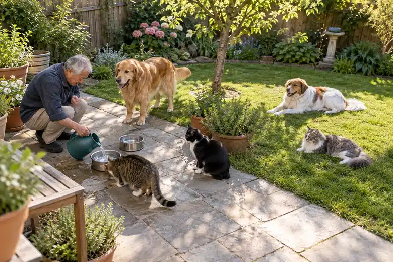 Five pets share a garden while their owner fills water bowls