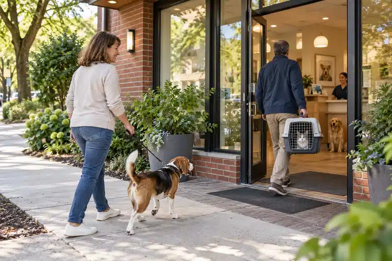 Owner with beagle approaching a neighborhood clinic as another adult carries a cat
