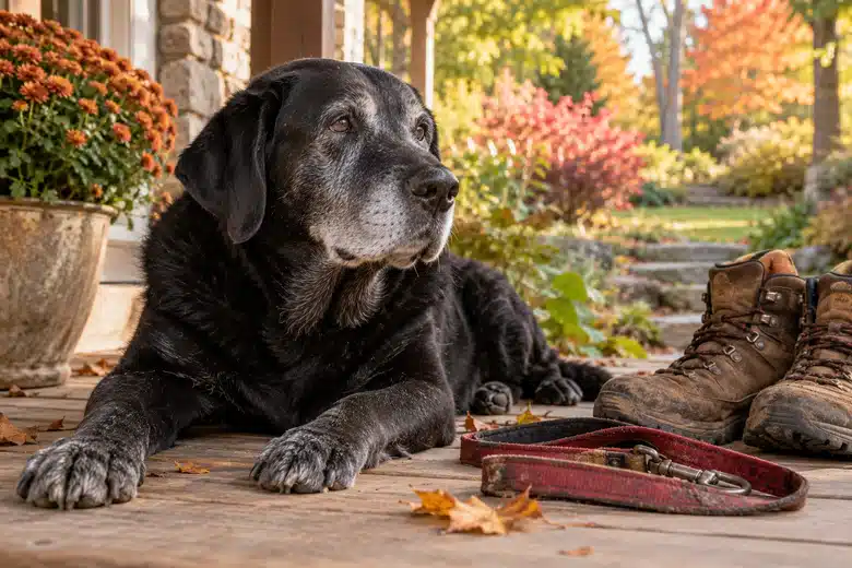 Older Labrador resting beside a worn leash and walking boots on a porch