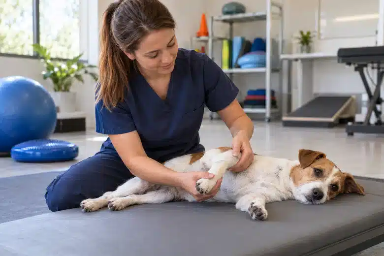 Small dog receiving calm supervised noninvasive veterinary rehabilitation