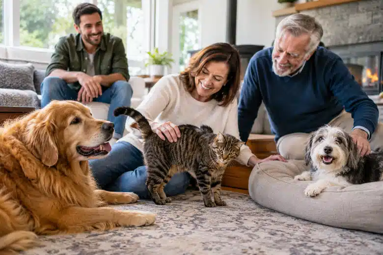 Two dogs and a cat with adult family members at home
