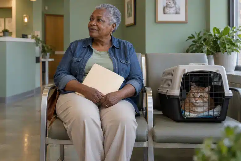 Older woman holding a plain folder beside one ginger cat in a carrier in a clinic waiting area